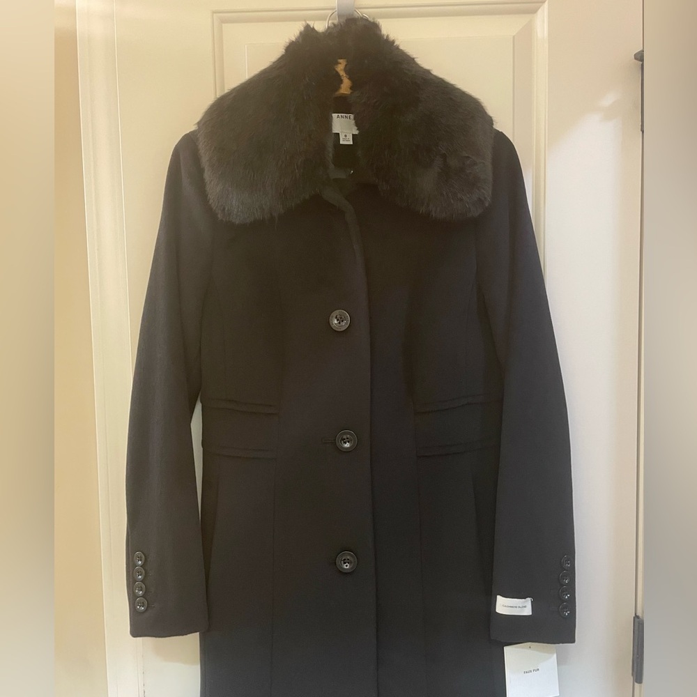 Anne Klein Black Cashmere Blend Coat w/ Removable Faux Collar Sz. 8 NWT